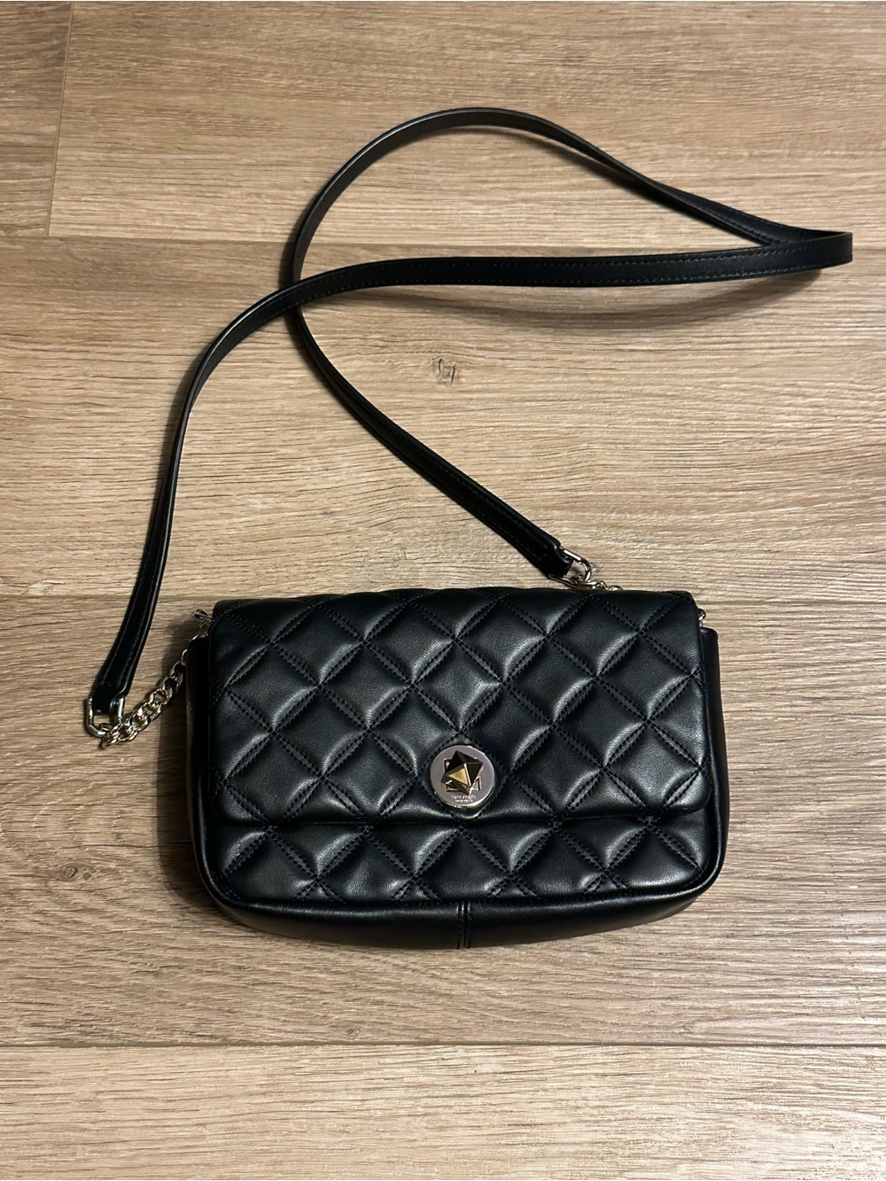 Kate Spade Natalia flap Black Quilted Crossbody Bag with Chain Accent